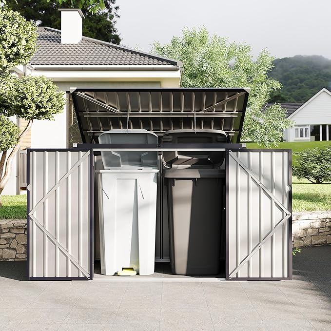 2 Trash Cans Metal Outdoor Storage, 3x6 FT Garbage Bin Storage Shed with Chain Lid, Garbage Can Metal Sheds for Garden, Backyard, Lawn and Patio