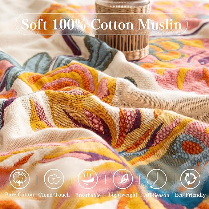 Boho Throw Blanket Full Size, Extra Large Soft Cozy Cotton Muslin Quilt Blanket for Bed Decor, Floral Patterned Couch Sofa Chair Cover, Vintage Farmhouse Cottage Woven Blanket, Yellow&Blue