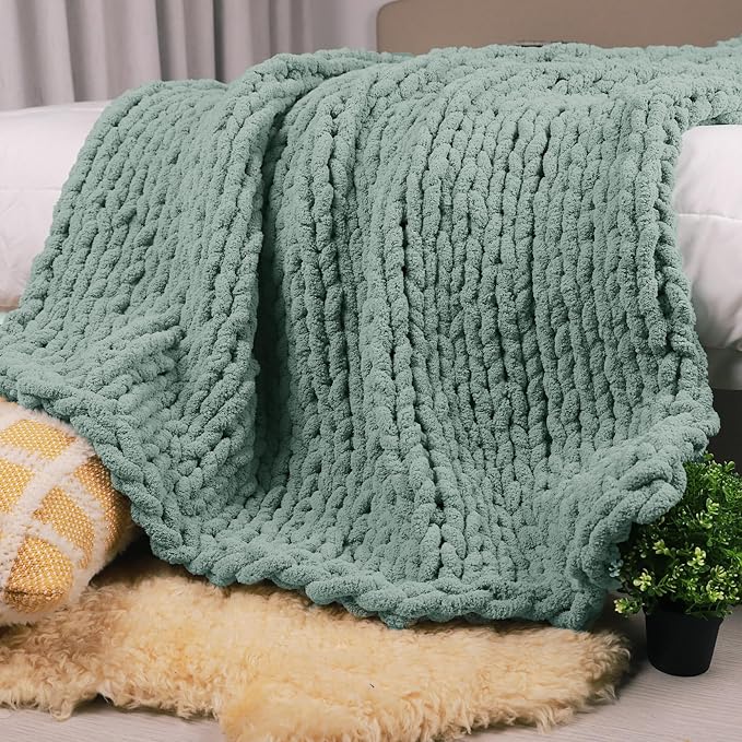 Carriediosa Chunky Knit Throw Blanket 60" X 80" Twin, 100% Hand Made Large Chenille Loop Yarn Soft Fluffy Throws for Couch Sofa Bed, Big Crochet Cozy Heavy Thick Cable Woven Blankets, Sage Green