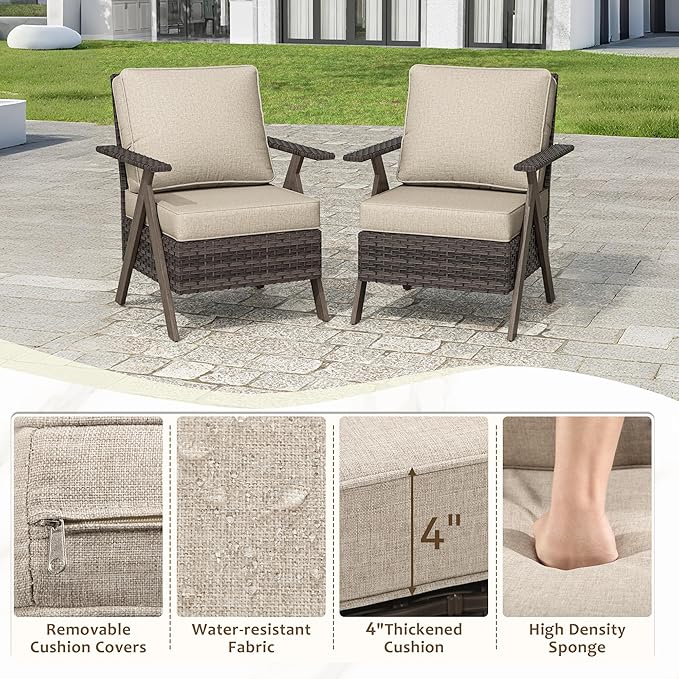 Outdoor Wicker Patio Chairs Set of 2, PE Rattan Patio Dining Chairs with Metal Frame and Deep Seating