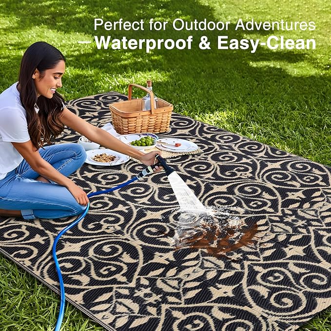 OLANLY Outdoor Rug Waterproof 5x8 ft Clearance, Reversible Outdoor Plastic Straw Rug with Floral Pattern, RV Mat for Patio, Camping, Balcony, Deck, Backyard, Black & Beige