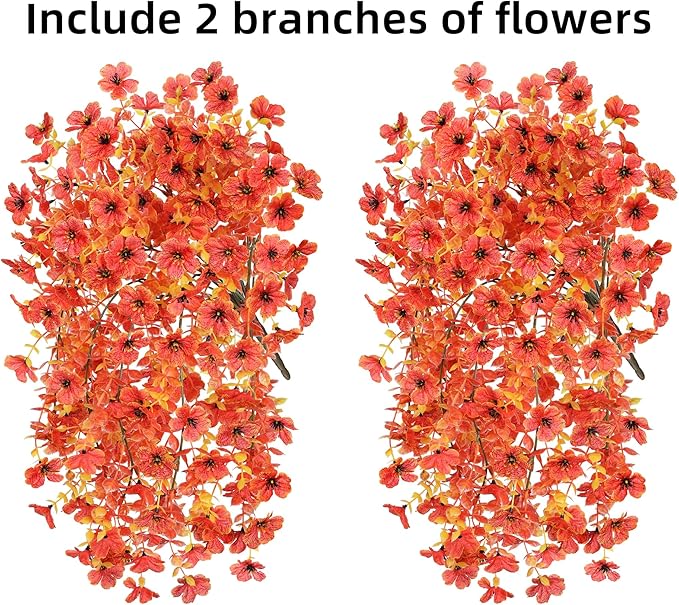 INSPRING Fall Artificial Flowers for Outdoors Fake Silk Flower, 2Pcs Red Orange Daisy Autumn Decor, Realistic Hanging Decoration Plants, UV & Fading Resistant for Porch Patio Balcony Planter