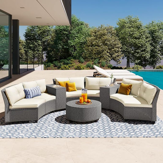 9 Pieces Outdoor Furniture Half Moon Wicker Patio Sets with Coffee Table, All-Weather Fan-Shaped Curved Sectional Sofa Couch with Beige Cushions, Onesize, Gray Rattan