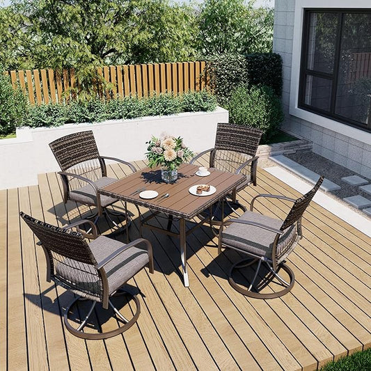 Pamapic 5 Piece Outdoor Dining Set, Rattan Outdoor Patio Furniture Set for Deck Backyard with Plastic-Wood Outdoor Dining Table, 4 Swivel Outdoor Dining Chairs and Removable Cushions (Gray)