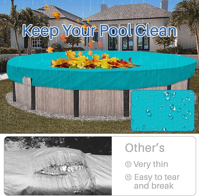 ECOOPTS 16 ft Waterproof Round Polyester Pool Cover for Above Ground Pools, Swimming Pool Cover Protector Winter Safety Cover (Turquoise)