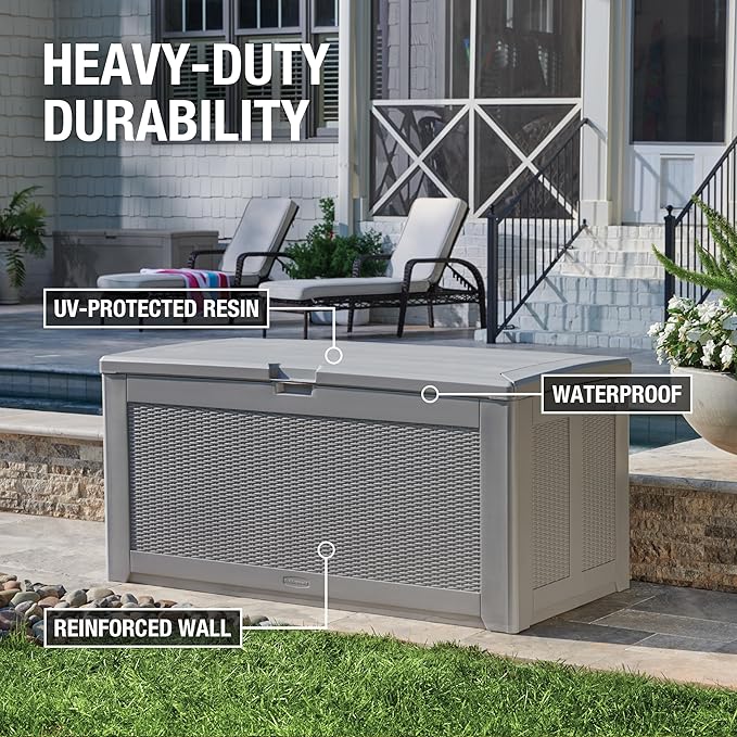 Rubbermaid Extra Large Resin Outdoor Storage Deck Box (134 Gal), Weather Resistant, Gray, Deck Organization for Home/Backyard/Pool Chemicals/Toys/Garden Tools/Porch/Patio Cushions