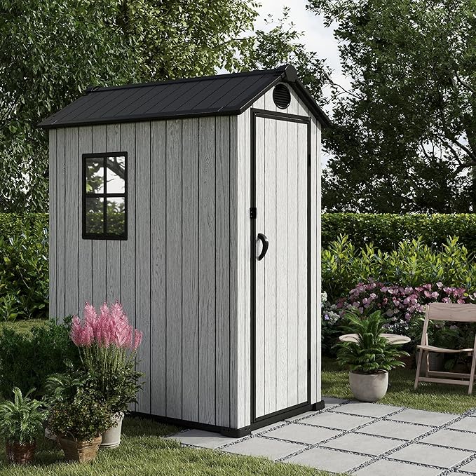 3.4x5.3 FT Resin Outdoor Storage Shed, 125 Cuft Garden Tool Sheds & Outdoor Storage Plastic Shed with Floor, 7FT Tall Backyard Outside Lawn Mower Storage Shed with Side Window, Cemented Grey