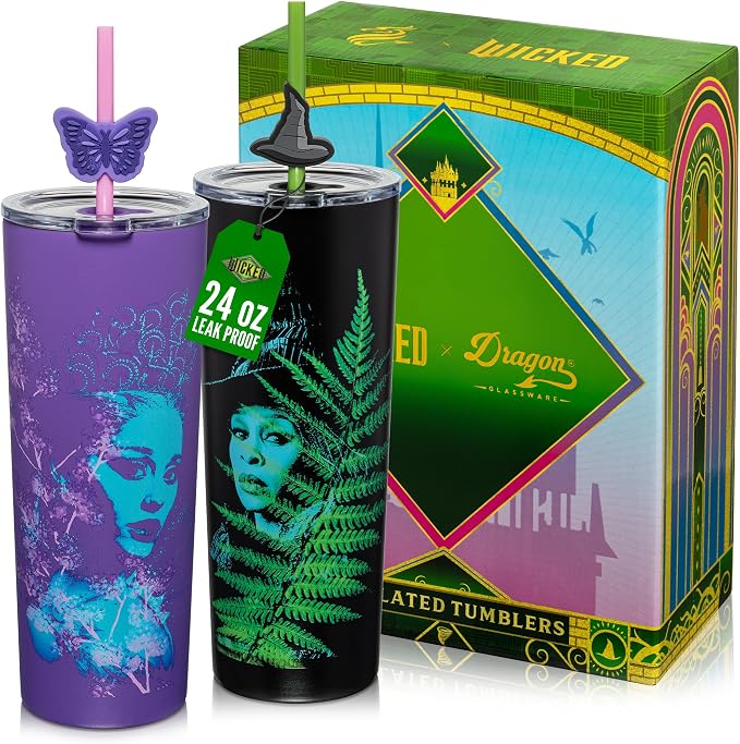 Dragon Glassware x Wicked: For Good Stainless Steel Tumbler, 24 oz 2-Pack | Set of 2 Vacuum Insulated Stainless Steel Wicked Cups with Lids & Straws; With Straw Charm; Official Wicked Merch