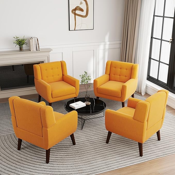 UIXE Accent Chair, Modern Upholstered Armchair in Fabric for Living Room, Comfy Club Arm Chairs Single Sofa Button Tufted Bedroom Reading Seat - Orange, Set of 4