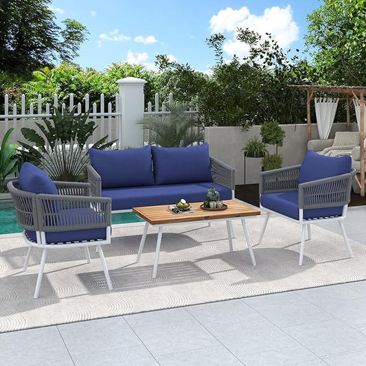 4-Piece, Boho Rope Outdoor Furniture Patio Conversation Sets with Deep Seating & Thick Cushion, Wicker Rattan Chairs Garden Backyard Balcony Porch Poolside loveseat, OneSize, Kb-Navy Blue