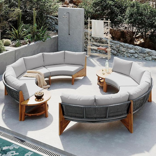 Merax Outdoor Sectional Patio Furniture Sets, Half Moon All Weather Wicker Seating Group, with Cushions and Round Coffee Table, Grey