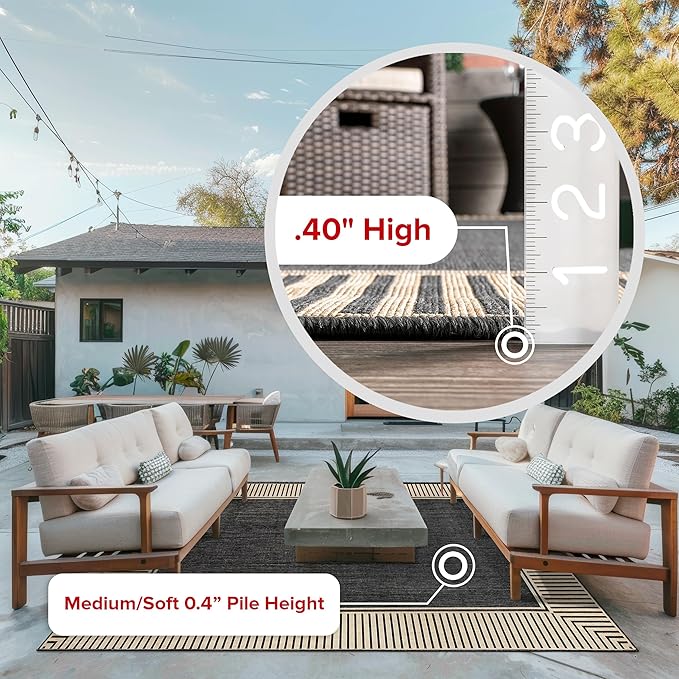 nuLOOM 3'6" x 5' Outdoor Area Rug, Casual Design With Striped Border, Stain Resistant, Highly Durable, For Patio, Balcony, Bedroom, Living Room, Dining Room, Bathroom, Dark Grey