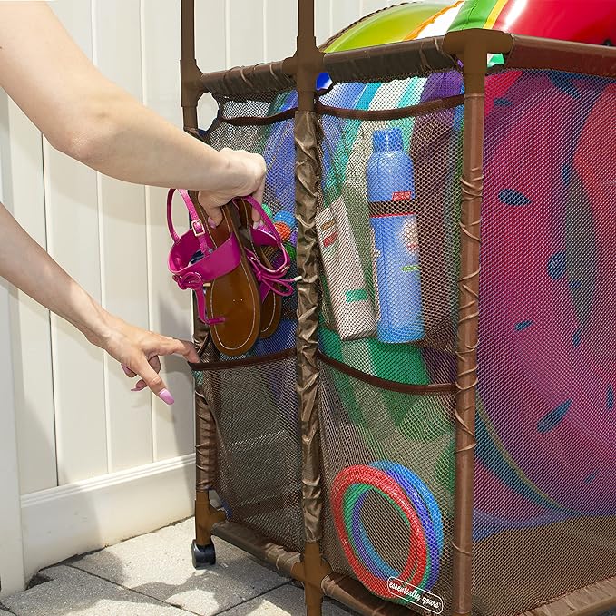 Essentially Yours Pool Storage Equipment Organizer Holder - Noodles, Toys, Balls and Floats Mesh Rolling Double Decker Bin, Large with Noodle Holder, (35.3" W x 23" L x 59.4" H), Brown Style 561935