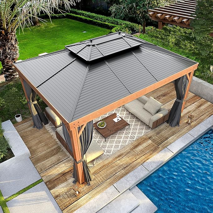 YOLENY 10'x13' Hardtop Gazebo, Galvanized Steel Double Roof with Wood Grain Aluminum Frame,Outdoor Gazebo with Curtains and Nettings for Patio, Backyard and Deck