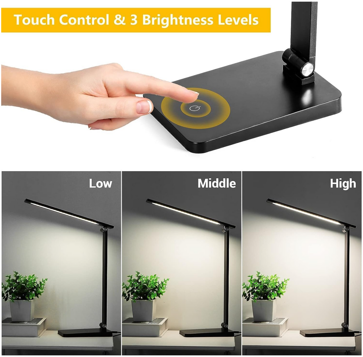 LED Desk Lamp for Home Office, 3 Levels Dimmable Desk Light with USB Charging Port, Small Study Lamp, Reading Light for Table, Black, 5000K | 3 Levels Dimmable, with USB Charging Port, for Home Office, Reading Light, Small Study Lamp, 5000K, for Table