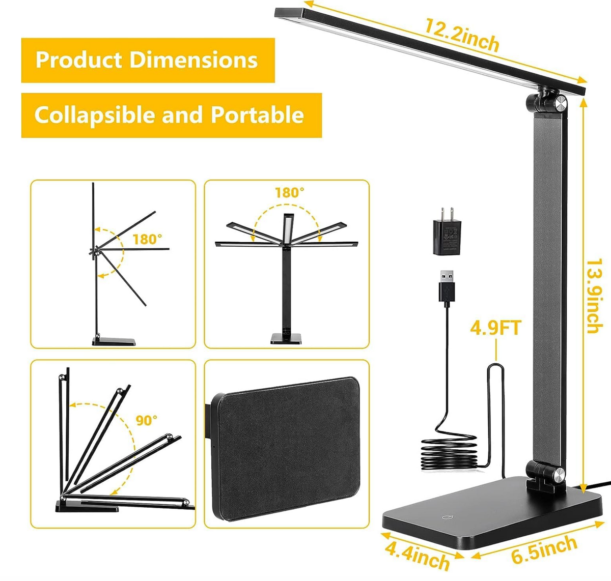LED Desk Lamp for Home Office, 3 Levels Dimmable Desk Light with USB Charging Port, Small Study Lamp, Reading Light for Table, Black, 5000K | 3 Levels Dimmable, with USB Charging Port, for Home Office, Reading Light, Small Study Lamp, 5000K, for Table