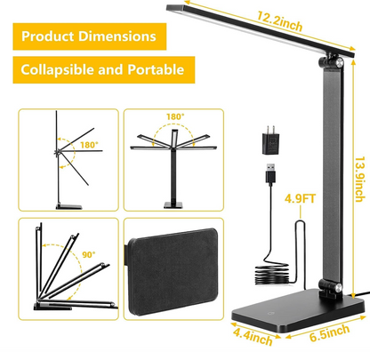 LED Desk Lamp for Home Office, 3 Levels Dimmable Desk Light with USB Charging Port, Small Study Lamp, Reading Light for Table, Black, 5000K | 3 Levels Dimmable, with USB Charging Port, for Home Office, Reading Light, Small Study Lamp, 5000K, for Table