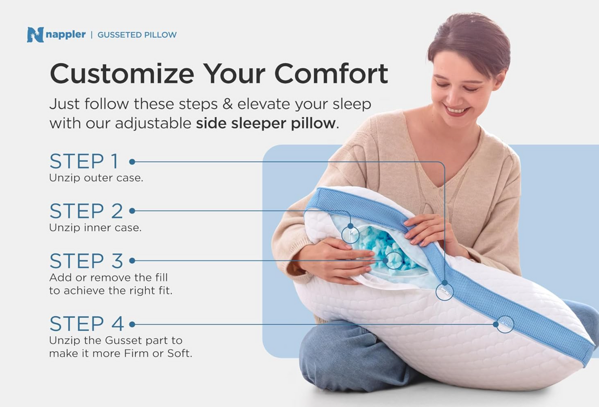 Side and Back Sleeper Pillow for Neck and Shoulder Pain Relief - Shredded Memory Foam Bed Pillow for Sleeping - 100% Adjustable Fill - King Size - Modal Washable Case. Extra Fill Included