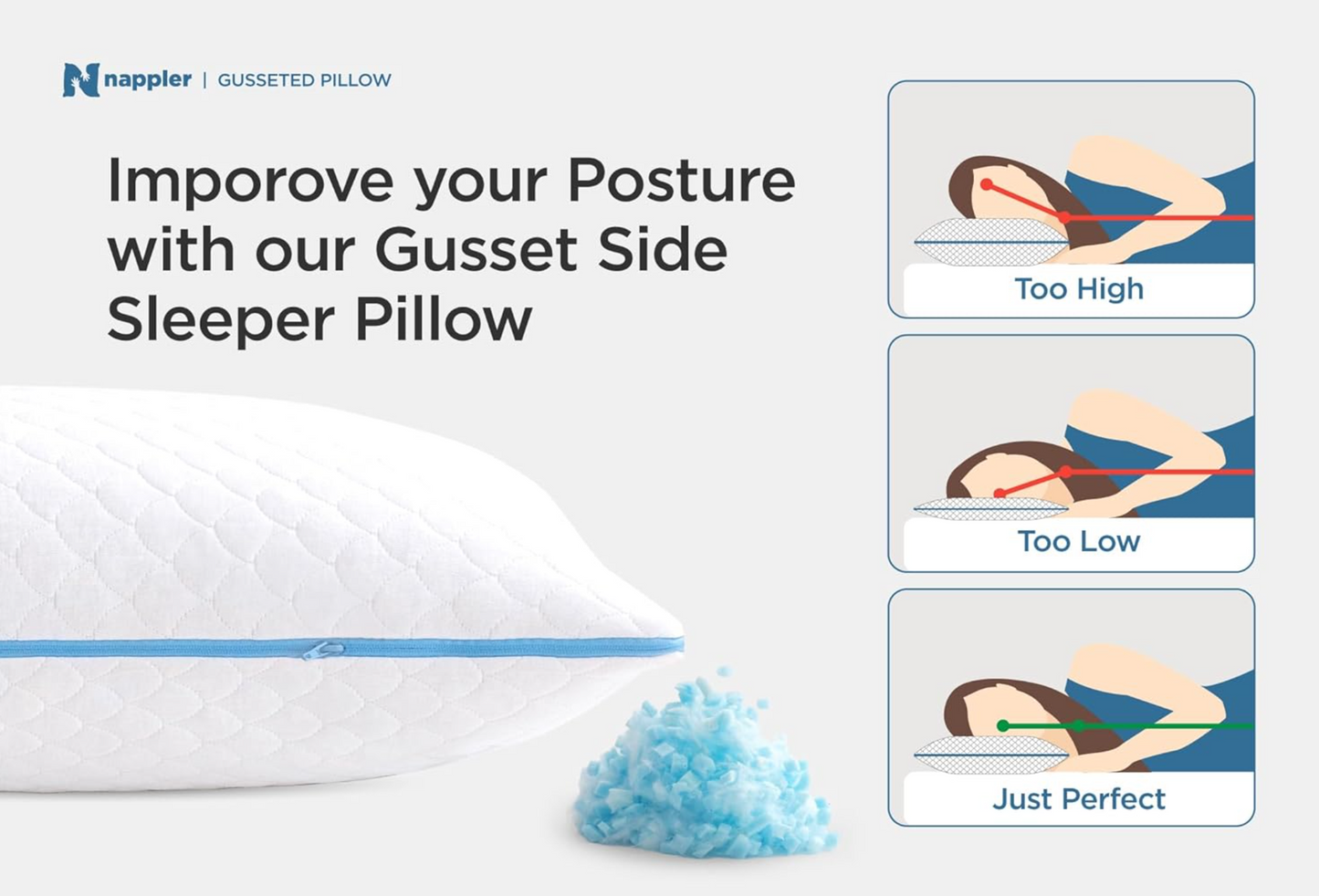 Side and Back Sleeper Pillow for Neck and Shoulder Pain Relief - Shredded Memory Foam Bed Pillow for Sleeping - 100% Adjustable Fill - Standard Size Modal Washable Case. Extra Fill Included