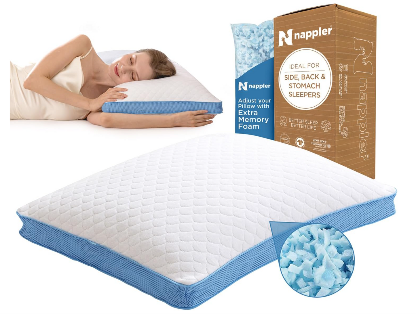 Side and Back Sleeper Pillow for Neck and Shoulder Pain Relief - Shredded Memory Foam Bed Pillow for Sleeping - 100% Adjustable Fill - King Size - Modal Washable Case. Extra Fill Included