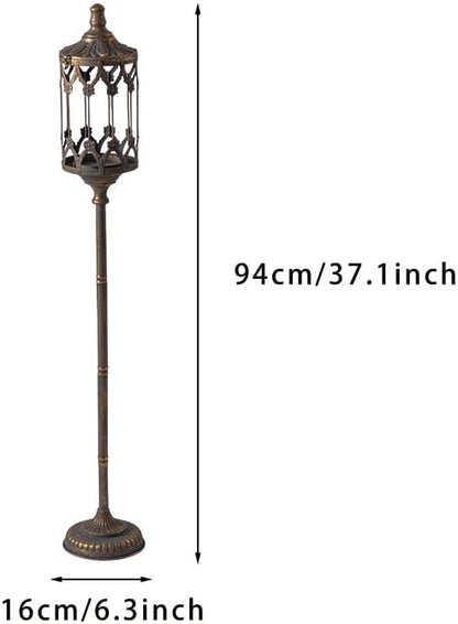 Vintage Floor Candelabra - 37.1" Tall Antique Gold Candle Holder with Glass Lantern, Rustic Gothic Metal Pillar Stand for Home Decor, Wedding & Event Centerpiece