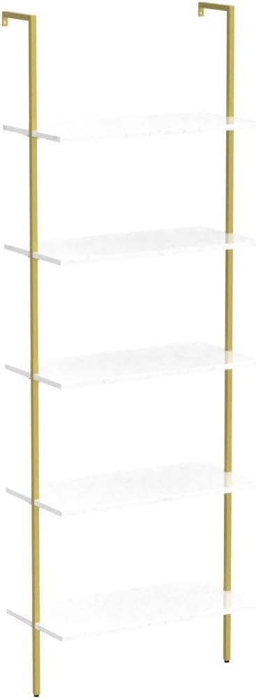 5 Tiers Ladder 2-Piece Shelf White Marble Modern Bookshelf Open Tall Wall Mount Bookcase Standing Leaning Wall Shelves Industrial Decorative