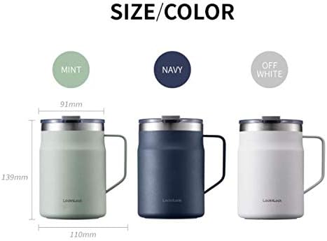 LocknLock Metro Mug, Premium 18/8 Stainless Steel Metal, Double Wall Insulated, Portable Coffee Cup with Lid and Handle for Hot and Cold Drinks, Off White, 16 oz