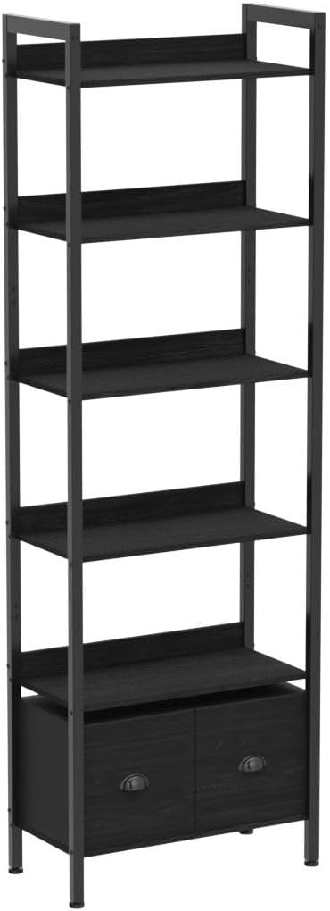 Furologee 6-Tier Bookshelf, Tall Bookcase with 2 Drawers Storage Organizer, Industrial Display Free Standing Shelf Units, Wood and Metal Storage Rack for Home Office, Bedroom, Black Oak