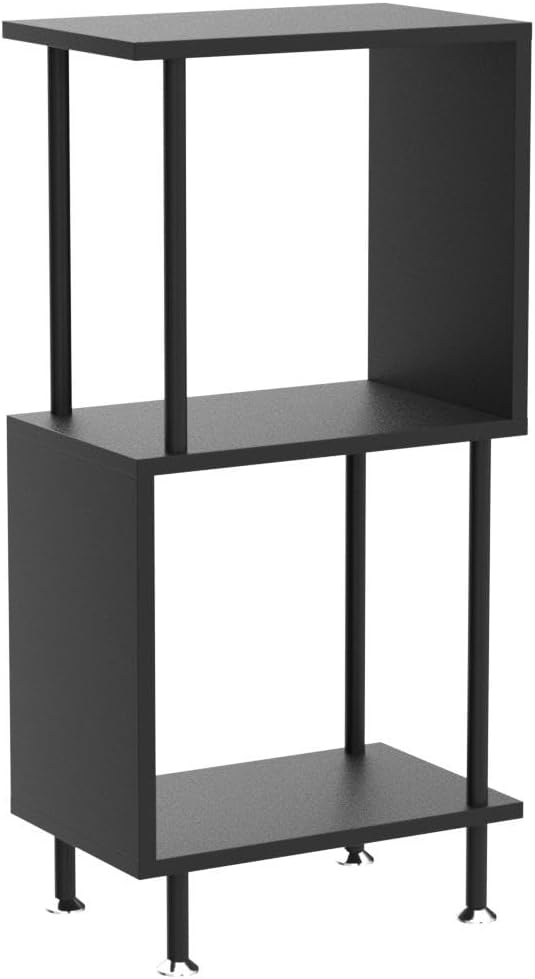3 Tier Modern Bookshelf, S-Shaped Bookcase,Small Book Shelf for Small Spaces, Unique Bookshelf for Storage Organizer Living Room Bedroom Home Office, Black