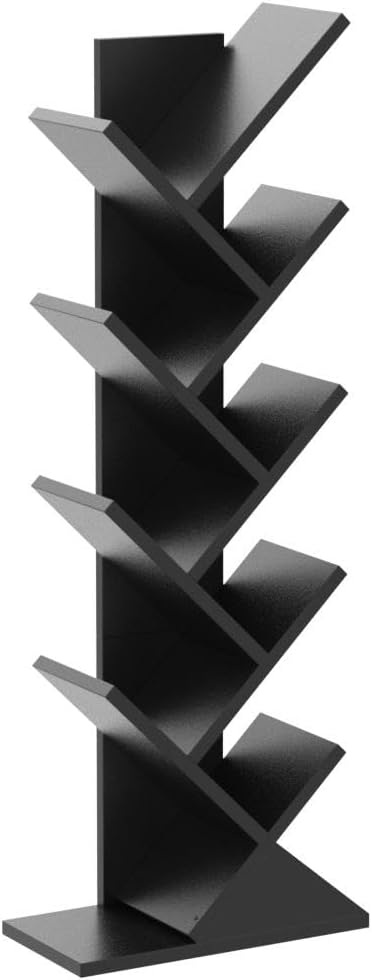 Topfurny Tree Bookshelf, 9-Tier Shelf Rustic Brown Bookcase, Retro Wood Storage Rack for CDs/Movies/Books, Anti-Fall Utility Organizer Shelves for Living Room, Bedroom, Home Office, Black