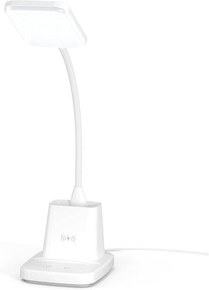 Sailstar Upgraded LED Desk Lamp with Wireless Charger, White Small Desk Light with Pen Holder, 3 Color Modes, CRI 85, 800 Lumen, Study Lamps for College Dorm Room, Home Office, Adapter Included