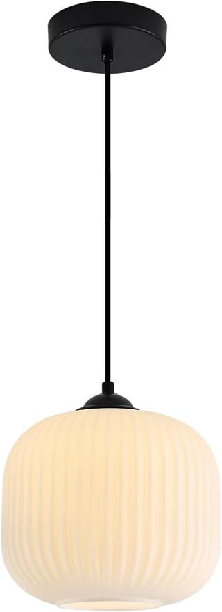 KCO Lighting Small Vintage 7.9” Black White Milk Ribbed Glass Pendant Light | Adjustable Cord E26 Hardwired Mid Century Modern Hanging Light for Sloped Ceilings Kitchen Island Bar Bedroom Dining Room