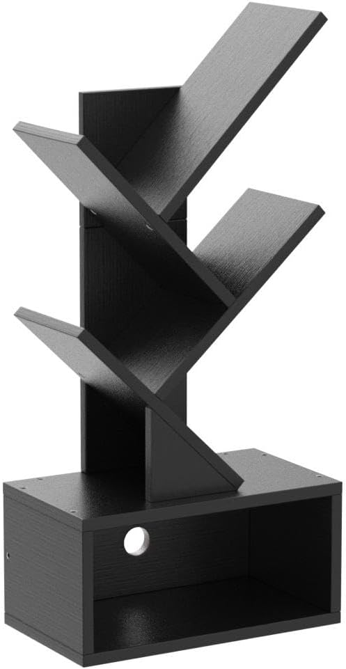 Hoctieon 3 Tier Tree Bookshelf, Small Bookcase with Drawer, Desktop Book Shelf, Display Floor Standing Storage Shelf, Book Organizer Shelves for Home Office, Black