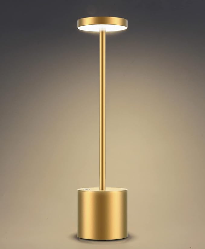Cordless Table Lamp, Rechargeable LED Battery 6000mAh Metal USB Portable Powered Desk Lamp, 3 Levels Brightness Light for Restaurants Outdoor (13.25in Gold)