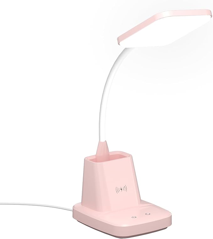 Sailstar Cute Desk Lamp, Pink Small Desk Lamp with Pen Holder, Wireless Charger LED Desk Lamps for Home Office, Kids Desk Lamp 800LM Gooseneck 3 Modes Dimmable Touch, Study Lamp for College Dorm Room