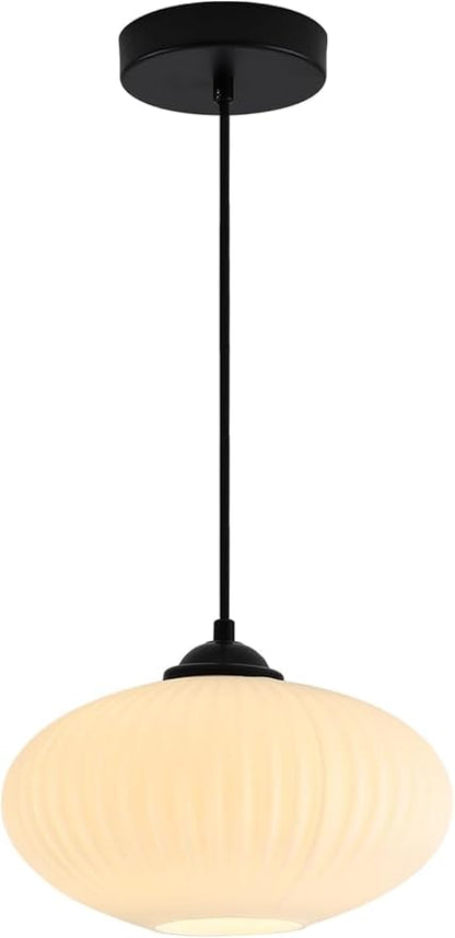 KCO Lighting Matte Black Lantern Pendant Light with 9.8” White Ribbed Glass | Adjustable Cord E26 Hardwired Mid Century Modern Farmhouse Hanging Light for Kitchen Island Dining Living Room Bar Bedroom