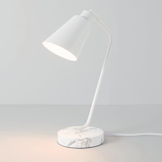 Globe Electric 52295 Belmont 17" Desk Lamp, Matte White, White Faux Marble Base, 2.1A USB Port, On Off Rocker Switch at Base