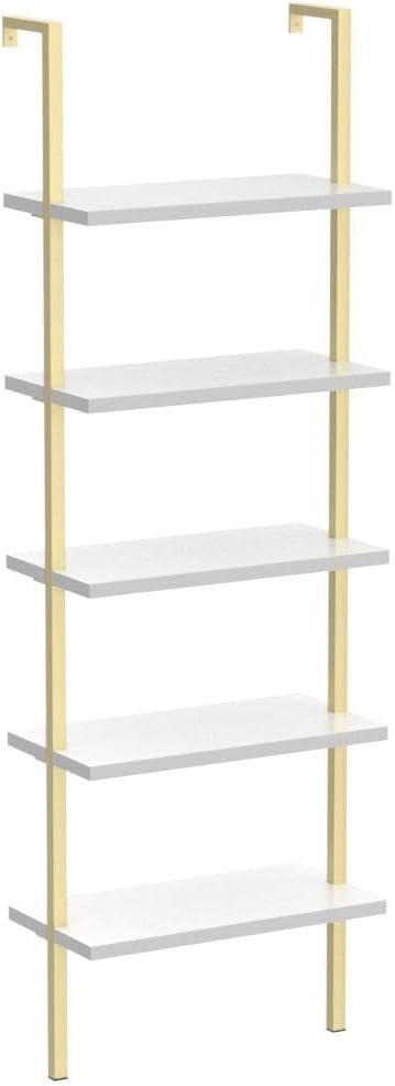 NUMENN 5 Tier Book Shelf, Industrial Ladder Shelf, Open Space Wall Mount Bookshelf with Metal Frame, Sturdy Book Shelves, Bookcase for Living Room, Home Office Shelf, White/Gold