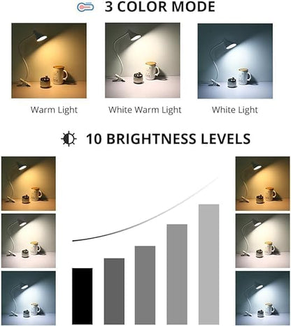 Desk Clip Light,3 Light Modes 10 Dimmable Brightness Reading Light, Flexible Neck Bedside Lamp, Small Table Clamp Lamp for Office, Bedroom, Bed Headboard, Study(White)