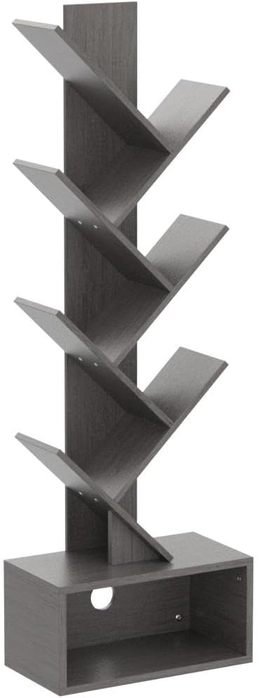 Yoobure Tree Bookshelf - 6 Shelf Retro Floor Standing Bookcase, Tall Wood Book Storage Rack for CDs/Movies/Books, Utility Book Organizer Shelves for Bedroom, Living Room, Home Office, Grey