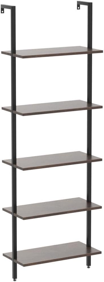 5 Tiers Ladder Shelf Brown Modern Bookshelf Open Tall Wall Mount Bookcase Standing Leaning Wall Shelves Industrial Decorative Living Room Bed Room