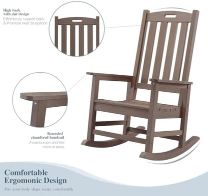 Outdoor Rocking Chairs Set of 2, Oversized Porch Rocker (Brown) | Weather Resistant Rocking Chairs with High Back, Heavy-Duty Large Patio Rocker with 350lbs Weight Capacity for Adult
