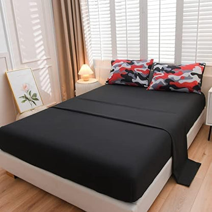 Meeting Story Camouflage Bedding Set, Colorful Pattern Style Comforter Set, 5 PCS One Comforter Two Pillowcases Two Sheets in One Bag, All Season Bedspread for Teens Adults (Red-Black,Queen5pcs