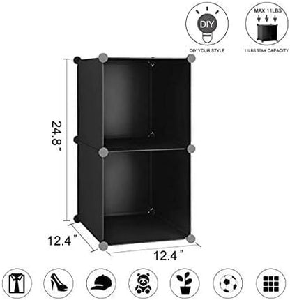 C&AHOME Cube Storage, 2-Cube Organizer Units, Plastic Closet Storage Shelves, DIY Book Shelf, Modular Bookcase, Cabinet Ideal for Bedroom, Living Room, Home Office, 12.4" L x 12.4" W x 24.8" H Black