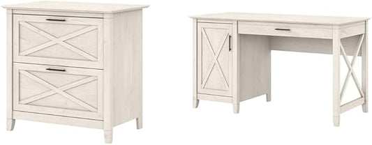 Bush Furniture Key West 2 Lateral File Cabinet | Document Storage for Home Office | Accent Chest with Drawers, Casual, Linen White Oak & Key West Computer Desk with Storage | Small