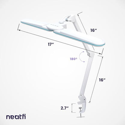 Neatfi Elite HD XL Task Lamp, 3 Light Modes, 90PCS SMD LED, Super Bright Desk Lamp, Eye-Caring LED Lamp, Non-Polar Dimming, Adjustable Brightness Levels (CCT with Clamp, Blue Ring, 17 Inches)