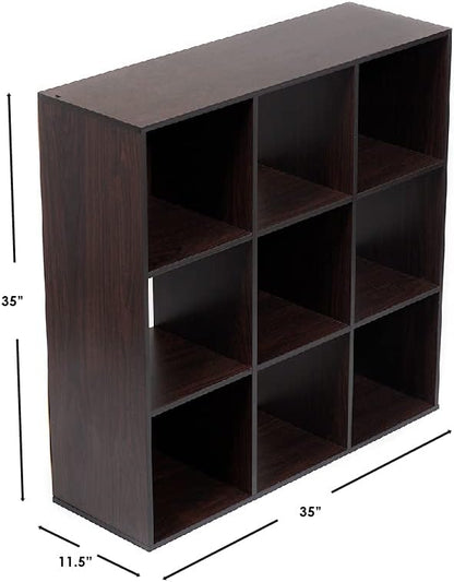 Home Basics 9-Cube Storage Organizer with 11" Shelf Opening Espresso MDF Bookcase and Display Shelf | Open and Closed Back Combination | Horizontal or Vertical Orientation