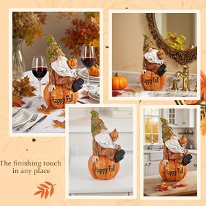 Topadorn Fall Garden Gnome Figurine Sitting on Pumpkin Statue Autumn Harvest Garden Gnomes Statue Figurine for Patio Yard Lawn Porch Decoration, Happy Fall