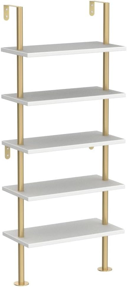 Ladder Shelf Bookcase 5 Tier, Extra Sturdy Modern Bookshelf Wall Mounted, Tall Standing Open Shelf White and Gold, Industrial Metal Frame with Wooden Shelf