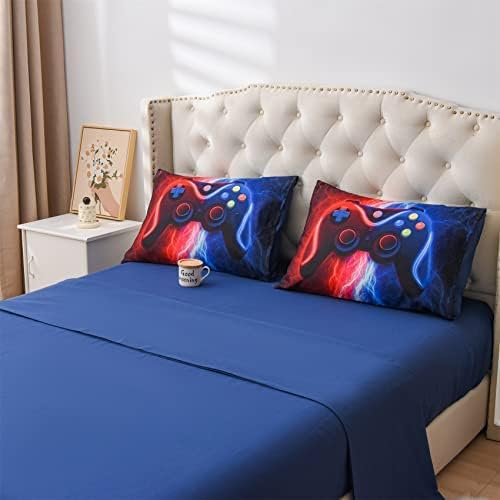 Meeting Story Gamer Gaming Bedding Sets Red Blue Lightnings Gamepad Comforter Set for Boys Games Console Action Buttons Novelty Colorful Modern Room Decor Home Quilt Set (Red-Blue, Queen 5Pcs)